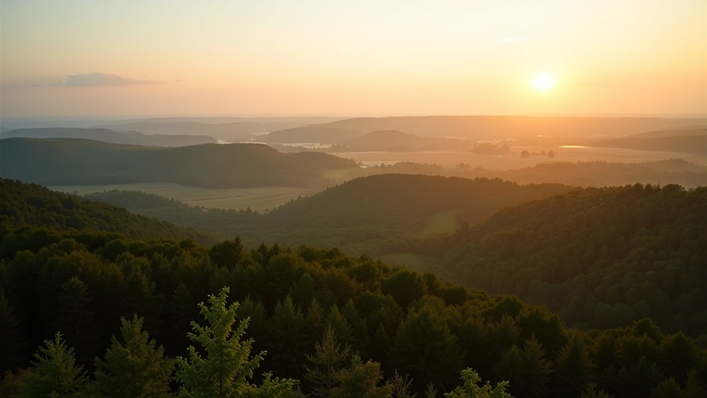 Skaists ainavu skats no skatu torņa augšas, kur redzami meži un lauki horizonta līnijā